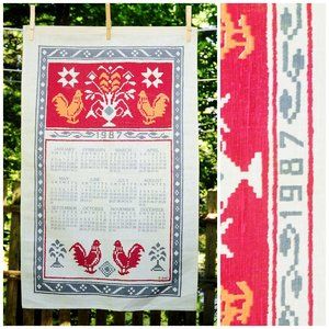 VTG 1987 Faux Cross Stitch Rooster & Grecian Floral Vase Kay Dee Calendar Towel